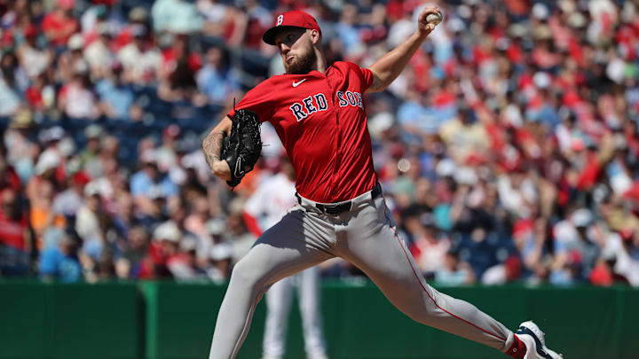 Feb 28, 2025; Clearwater, Florida, USA;  Boston Red Sox starting pitcher Garrett Crochet (35) throws a pitch during the first inning against the Philadelphia Phillies at BayCare Ballpark. Mandatory Credit: Kim Klement Neitzel-Imagn Images