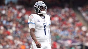 Sep 28, 2025; Houston, Texas, USA; Tennessee Titans quarterback Cam Ward (1) during the first half against the Houston Texans at NRG Stadium. Mandatory Credit: Troy Taormina-Imagn Images