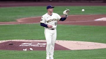 Milwaukee Brewers pitcher Tobias Myers (36) is shown after striking out a batter during the third inning of their game against the Houston Astros Monday, May 5, 2025 at American Family Field in Milwaukee, Wisconsin.