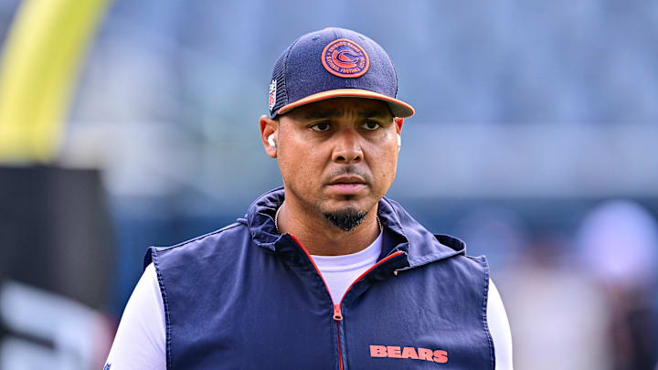 Aug 17, 2024; Chicago, Illinois, USA; Chicago Bears general manager Ryan Poles looks on before the game against the Cincinnati Bengals at Soldier Field. Mandatory Credit: Daniel Bartel-Imagn Images