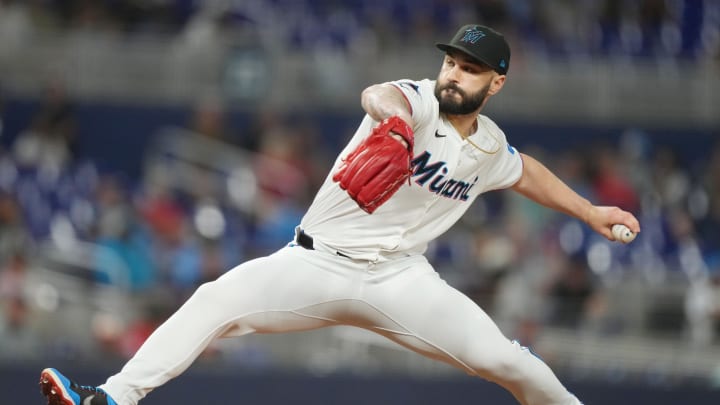 Jul 23, 2024; Miami, Florida, USA;  Miami Marlins pitcher Tanner Scott (66) pitches in the ninth inning against the Baltimore Orioles at loanDepot Park. Mandatory Credit: Jim Rassol-USA TODAY Sports