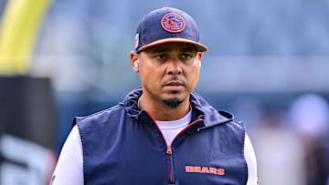 Aug 17, 2024; Chicago, Illinois, USA; Chicago Bears general manager Ryan Poles looks on before the game against the Cincinnati Bengals at Soldier Field. Mandatory Credit: Daniel Bartel-Imagn Images