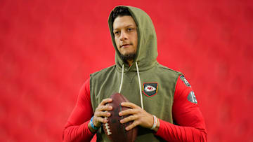 Oct 27, 2025; Kansas City, Missouri, USA; Kansas City Chiefs quarterback Patrick Mahomes (15) looks on during warmups prior to the game against the Washington Commanders at GEHA Field at Arrowhead Stadium. Mandatory Credit: Jay Biggerstaff-Imagn Images