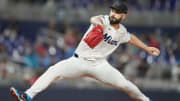 Jul 23, 2024; Miami, Florida, USA;  Miami Marlins pitcher Tanner Scott (66) pitches in the ninth inning against the Baltimore Orioles at loanDepot Park.