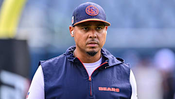 Aug 17, 2024; Chicago, Illinois, USA; Chicago Bears general manager Ryan Poles looks on before the game against the Cincinnati Bengals at Soldier Field.