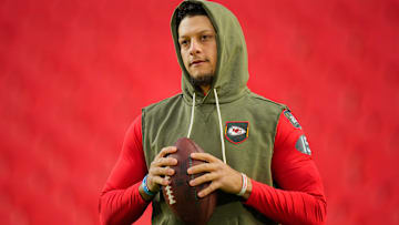 Oct 27, 2025; Kansas City, Missouri, USA; Kansas City Chiefs quarterback Patrick Mahomes (15) looks on during warmups prior to the game against the Washington Commanders at GEHA Field at Arrowhead Stadium.