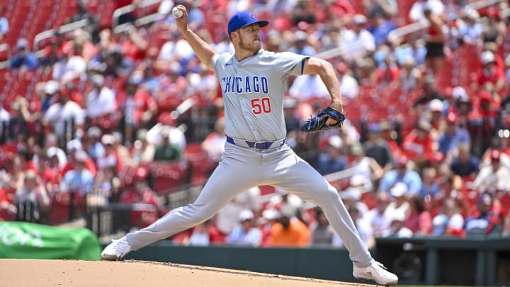 Jul 14, 2024; St. Louis, Missouri, USA;  Chicago Cubs starting pitcher Jameson Taillon (50) pitches against the St. Louis Cardinals during the first inning at Busch Stadium.