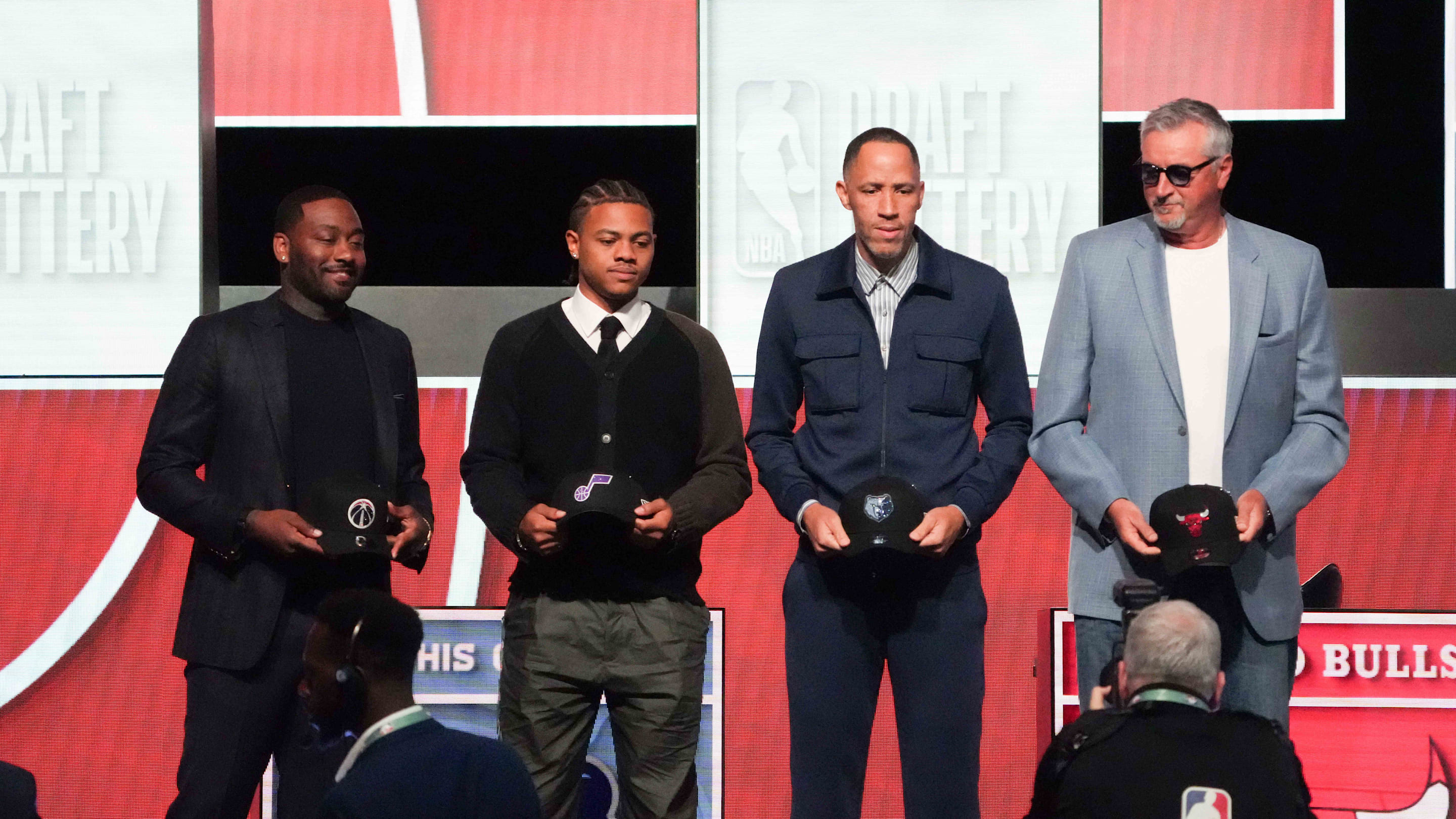 May 10, 2026; Chicago, IL, USA; Washington Wizards former player John Wall, Utah Jazz former player Keynote George, Memphis Grizzlies former player Tayshaun Prince and Chicago Bulls former player Toni Kukoc pose for a photo during the 2026 NBA Draft Lottery at Navy Pier. Mandatory Credit: David Banks-Imagn Images