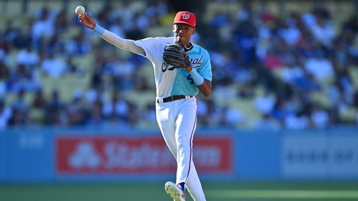 Jul 16, 2022; Los Angeles, CA, USA; National League Futures infielder Darren Baker (4) throws to first for an out in the sixth inning of the All Star-Futures Game at Dodger Stadium. 