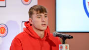 Apr 1, 2024; Houston, TX, USA; McDonald's All American East forward Cooper Flagg speaks during a press conference at JW Marriott Houston by The Galleria. Mandatory Credit: Maria Lysaker-USA TODAY Sports