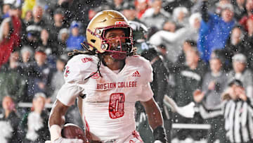Sep 21, 2024; Chestnut Hill, Massachusetts, USA; Boston College Eagles running back Treshaun Ward (0) scores a touchdown against the Michigan State Spartans during the second half at Alumni Stadium. Mandatory Credit: Eric Canha-Imagn Images