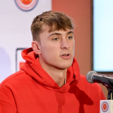 Apr 1, 2024; Houston, TX, USA; McDonald's All American East forward Cooper Flagg speaks during a press conference at JW Marriott Houston by The Galleria. Mandatory Credit: Maria Lysaker-Imagn Images