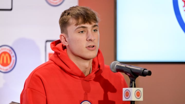 Apr 1, 2024; Houston, TX, USA; McDonald's All American East forward Cooper Flagg speaks during a press conference at JW Marriott Houston by The Galleria. Mandatory Credit: Maria Lysaker-USA TODAY Sports