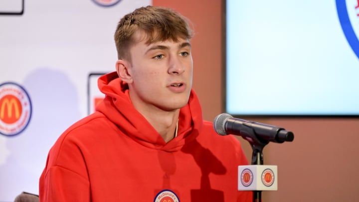 Apr 1, 2024; Houston, TX, USA; McDonald's All American East forward Cooper Flagg speaks during a press conference at JW Marriott Houston by The Galleria. Mandatory Credit: Maria Lysaker-USA TODAY Sports