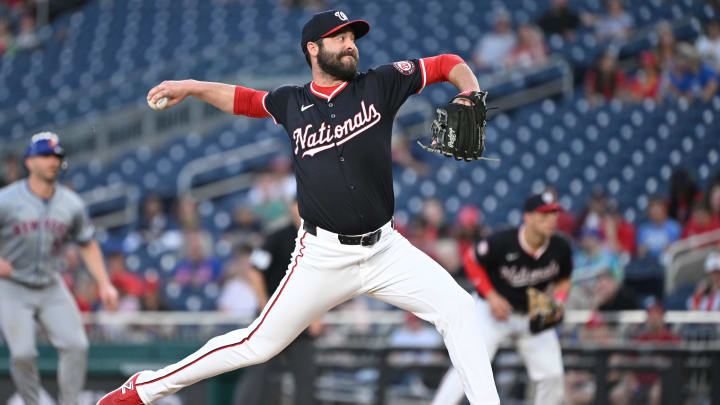 Jul 2, 2024; Washington, District of Columbia, USA; Washington Nationals relief pitcher Dylan Floro (44) throws a pitch against the New York Mets during the sixth inning at Nationals Park. Mandatory Credit: Rafael Suanes-USA TODAY Sports