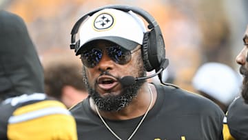 Aug 17, 2024; Pittsburgh, Pennsylvania, USA;  Pittsburgh Steelers head coach Mike Tomlin recats against the Buffalo Bills during the first quarter at Acrisure Stadium. Mandatory Credit: Barry Reeger-Imagn Images