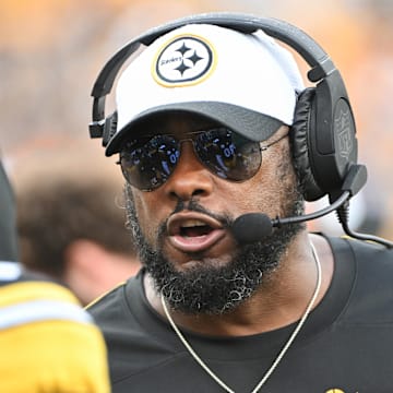 Aug 17, 2024; Pittsburgh, Pennsylvania, USA;  Pittsburgh Steelers head coach Mike Tomlin recats against the Buffalo Bills during the first quarter at Acrisure Stadium. Mandatory Credit: Barry Reeger-Imagn Images