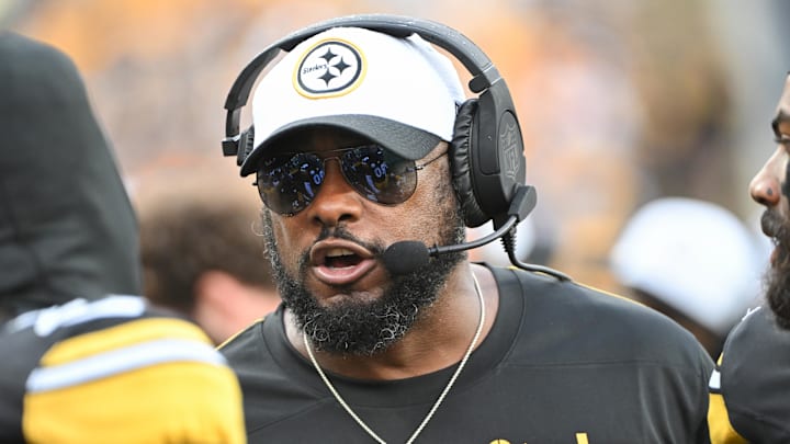 Aug 17, 2024; Pittsburgh, Pennsylvania, USA;  Pittsburgh Steelers head coach Mike Tomlin recats against the Buffalo Bills during the first quarter at Acrisure Stadium. Mandatory Credit: Barry Reeger-Imagn Images