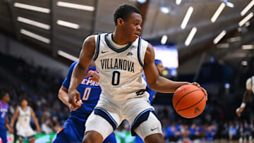 Jan 4, 2025; Villanova, Pennsylvania, USA; Villanova Wildcats forward Josiah Moseley (0) controls the ball against the DePaul Blue Demons in the second half at William B. Finneran Pavilion. Mandatory Credit: Kyle Ross-Imagn Images