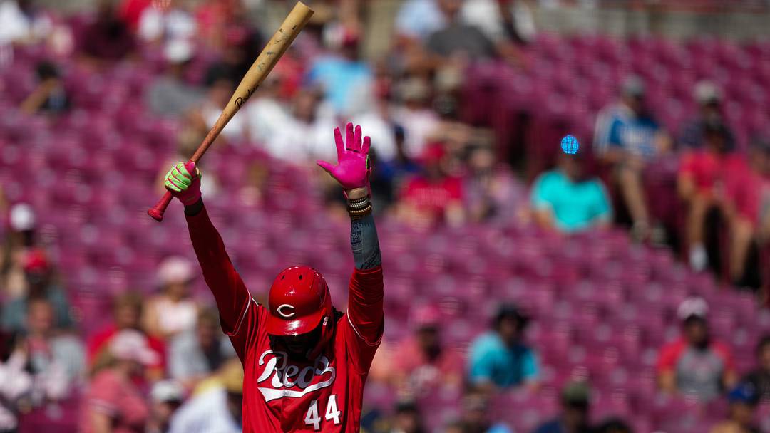 Sep 6, 2026; Cincinnati, Ohio, USA;  Cincinnati Reds designated hitter Elly de la Cruz reacts to a pitch inside against the Milwaukee Brewers in the eighth inning at Great American Ball Park. Mandatory Credit: Aaron Doster-Imagn Images