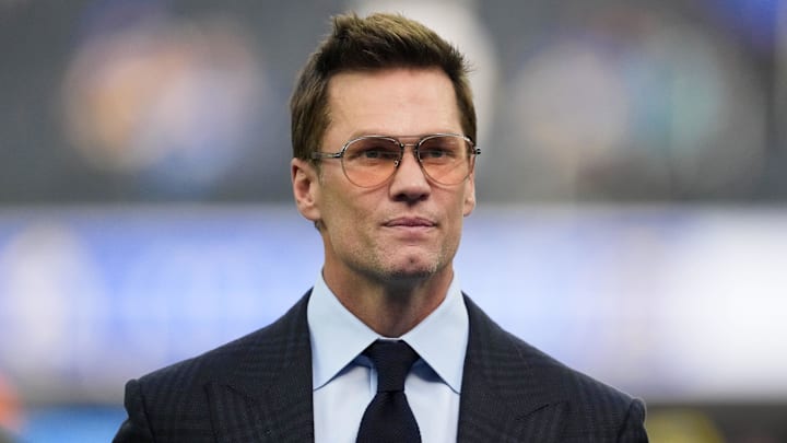 Fox broadcaster Tom Brady is seen prior to the game between the Detroit Lions and the Los Angeles Rams.