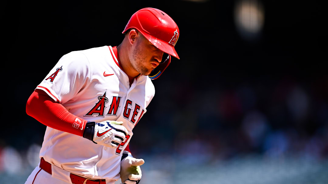 Aug 6, 2025; Anaheim, California, USA; Los Angeles Angels designated hitter Mike Trout (27) celebrates while rounding the bases after hitting a three-run home run during the third inning at Angel Stadium of Anaheim. Mandatory Credit: Kelvin Kuo-Imagn Images Aug 6, 2025; Anaheim, California, USA; Los Angeles Angels designated hitter Mike Trout (27) celebrates while rounding the bases after hitting a three-run home run during the third inning at Angel Stadium of Anaheim. Mandatory Credit: Kelvin Kuo-Imagn Images