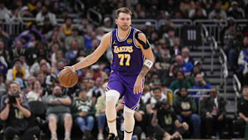 Nov 15, 2025; Milwaukee, Wisconsin, USA;  Los Angeles Lakers guard Luka Doncic (77) during the game against the Milwaukee Bucks at Fiserv Forum. Mandatory Credit: Jeff Hanisch-Imagn Images