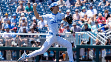 Jun 14, 2024; Omaha, NE, USA; North Carolina Tar Heels starting pitcher Jason DeCaro (29) throws the opening pitch against the Virginia Cavaliers at Charles Schwab Filed Omaha. Mandatory Credit: Dylan Widger-Imagn Images