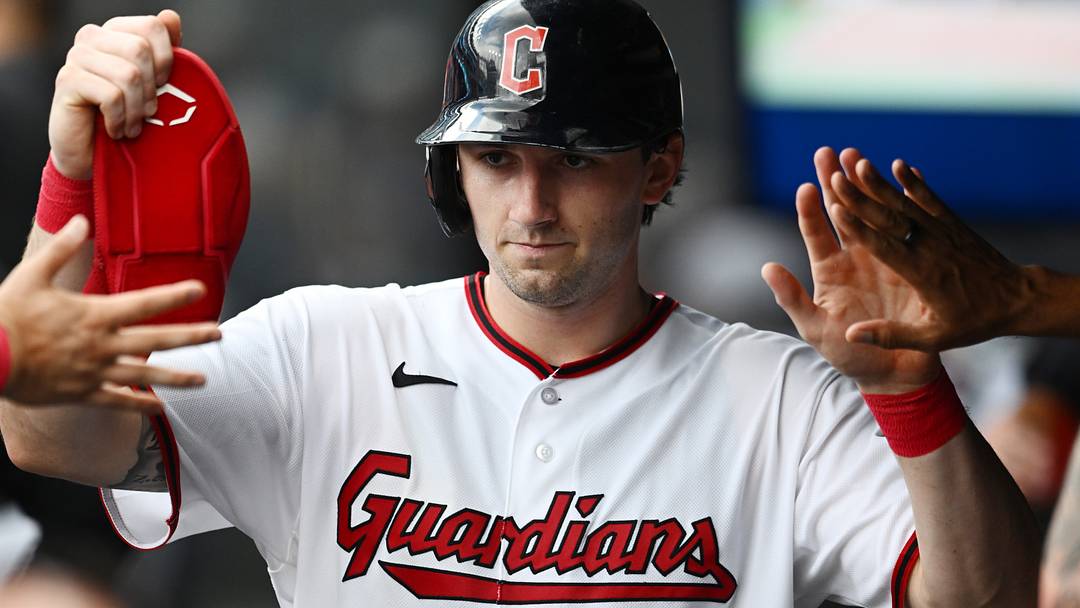 Aug 2, 2026; Cleveland, Ohio, USA; Cleveland Guardians right fielder Chase DeLauter (24) celebrates after scoring during the fifth inning against the Arizona Diamondbacks at Progressive Field. Mandatory Credit: Ken Blaze-Imagn Images
