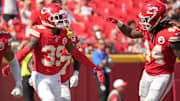Then Chiefs cornerback Keith Taylor Jr. (39), the ex-Husky, celebrates a 2024 preseason play. 