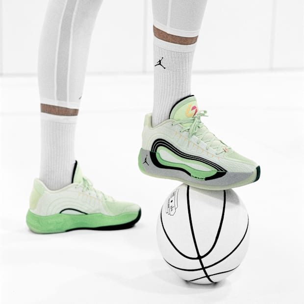 White and green Jordan Luka sneakers.