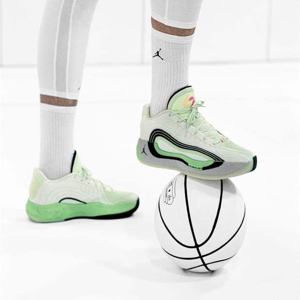 White and green Jordan Luka sneakers.