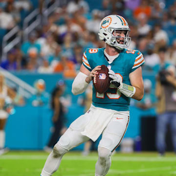 Sep 12, 2024; Miami Gardens, Florida, USA; Miami Dolphins quarterback Skylar Thompson (19) looks for a passing option against the Buffalo Bills during the fourth quarter at Hard Rock Stadium. Mandatory Credit: Sam Navarro-Imagn Images