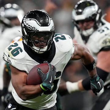 Sep 6, 2024; Sao Paulo, BRA; Philadelphia Eagles running back Saquon Barkley (26) runs during the first half against the Green Bay Packers at Neo Quimica Arena. Mandatory Credit: Kirby Lee-Imagn Images