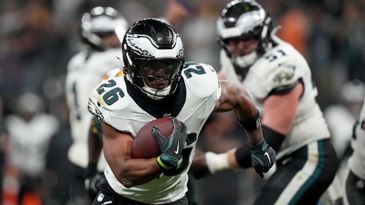 Sep 6, 2024; Sao Paulo, BRA; Philadelphia Eagles running back Saquon Barkley (26) runs during the first half against the Green Bay Packers at Neo Quimica Arena. Mandatory Credit: Kirby Lee-Imagn Images