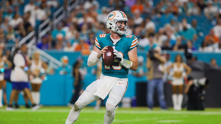 Sep 12, 2024; Miami Gardens, Florida, USA; Miami Dolphins quarterback Skylar Thompson (19) looks for a passing option against the Buffalo Bills during the fourth quarter at Hard Rock Stadium. Mandatory Credit: Sam Navarro-Imagn Images