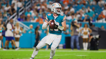 Sep 12, 2024; Miami Gardens, Florida, USA; Miami Dolphins quarterback Skylar Thompson (19) looks for a passing option against the Buffalo Bills during the fourth quarter at Hard Rock Stadium. Mandatory Credit: Sam Navarro-Imagn Images