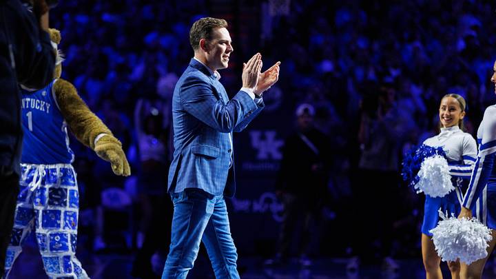 Dec 2, 2025; Lexington, Kentucky, USA; Incoming Kentucky Wildcats head football coach Will Stein is introduced during the first half against the North Carolina Tar Heels at Rupp Arena at Central Bank Center. Mandatory Credit: Jordan Prather-Imagn Images