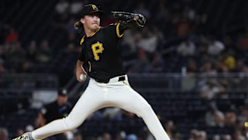 Sep 20, 2025; Pittsburgh, Pennsylvania, USA; Pittsburgh Pirates starting pitcher Bubba Chandler (57) pitches against the Athletics during the fifth inning at PNC Park. Mandatory Credit: Charles LeClaire-Imagn Images