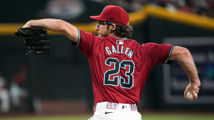 Jul 14, 2024; Phoenix, Arizona, USA; Arizona Diamondbacks pitcher Zac Gallen (23) pitches against the Toronto Blue Jays during the first inning at Chase Field. Mandatory Credit: Joe Camporeale-USA TODAY Sports