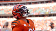 Sep 14, 2025; Cincinnati, Ohio, USA;  Cincinnati Bengals defensive end Trey Hendrickson (91) celebrates the win after the game against the Jacksonville Jaguars at Paycor Stadium. Mandatory Credit: Joseph Maiorana-Imagn Images