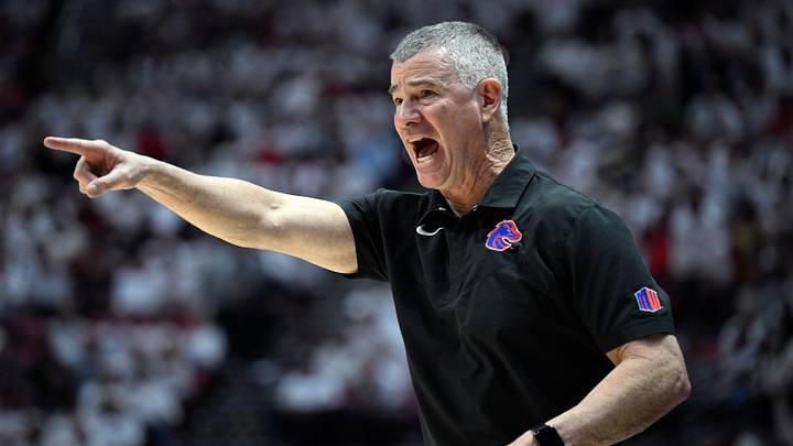 Mar 8, 2024; San Diego, California, USA; Boise State Broncos head coach Leon Rice reacts during the first half against the San Diego State Aztecs at Viejas Arena. Mandatory Credit: Orlando Ramirez-USA TODAY Sports