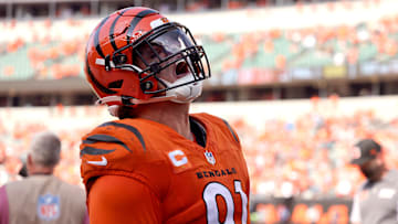Sep 14, 2025; Cincinnati, Ohio, USA;  Cincinnati Bengals defensive end Trey Hendrickson (91) celebrates the win after the game against the Jacksonville Jaguars at Paycor Stadium. Mandatory Credit: Joseph Maiorana-Imagn Images