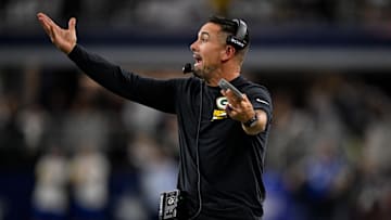 Sep 28, 2025; Arlington, Texas, USA; Green Bay Packers head coach Matt LaFleur motions from the sidelines during the game between the Dallas Cowboys and the Green Bay Packers at AT&T Stadium. Mandatory Credit: Jerome Miron-Imagn Images