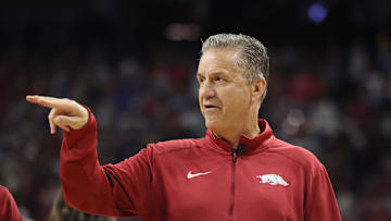 Oct 25, 2024; Fayetteville, AR, USA; Arkansas Razorbacks head coach John Calipari prior to the game against the Kansas Jayhawks at Bud Walton Arena. Mandatory Credit: Nelson Chenault-Imagn Images