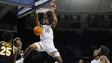 Notre Dame guard Jalen Haralson (10) dunks the ball during a NCAA men's basketball game against Missouri at Purcell Pavilion on Tuesday, Dec. 2, 2025, in South Bend.