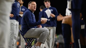 Penn State coach Mike Rhoades speaks to the Nittany Lions during a 2024 game against Virginia Tech.
