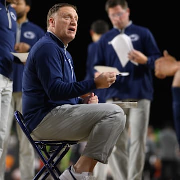 Penn State Nittany Lions head coach Mike Rhoades speaks to the team during the first half against the Virginia Tech Hokies.