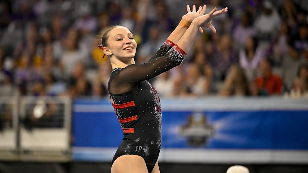 Apr 16, 2026; Fort Worth, TX, USA; Stanford gymnast Ana Barbosu performs on floor exercise during semifinals for the 2026 NCAA Women’s Gymnastics National Championships at Dickies Arena. Mandatory Credit: Jerome Miron-Imagn Images