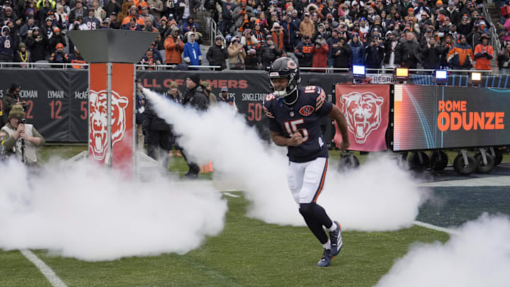 Nov 9, 2025; Chicago, Illinois, USA; Chicago Bears wide receiver Rome Odunze (15) takes the field for a game against the New York Giants at Soldier Field. Mandatory Credit: David Banks-Imagn Images